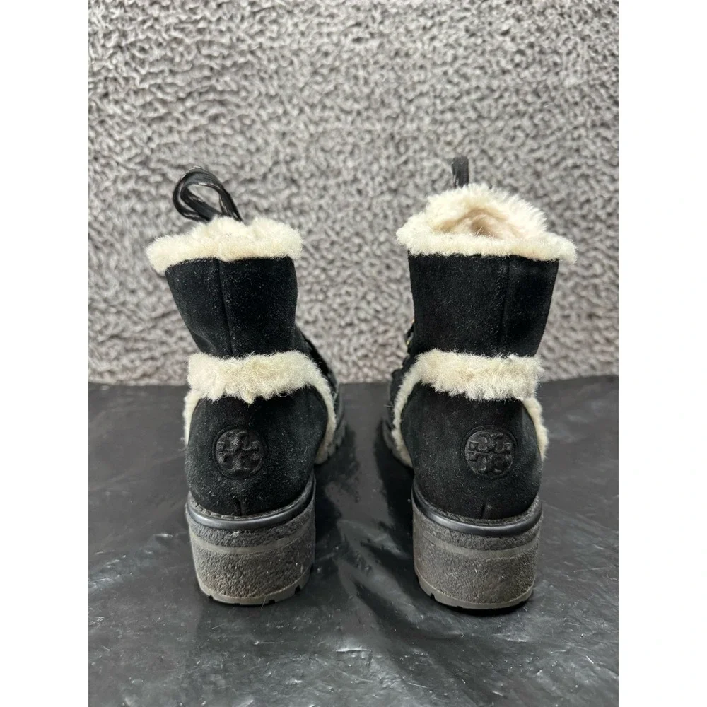 Tory Burch Cooper Suede Shearling Lined Lace-up Boots Black Womens Size‎ 7.5M